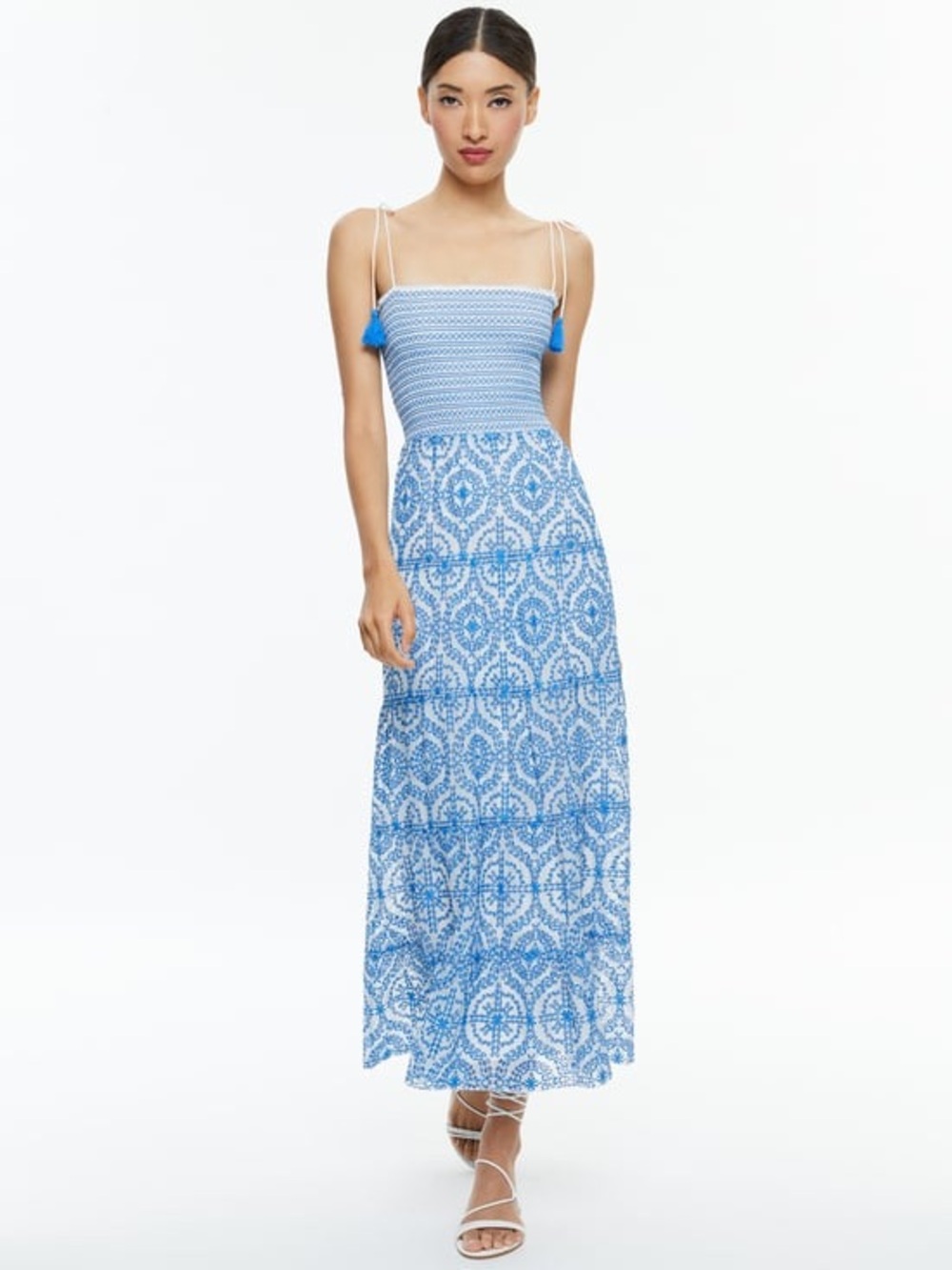 RARE Alice & Olivia Blue Printed Maxi Dress with Smocked Bodice